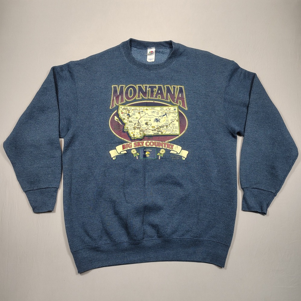 Montana Big Sky Country Graphic Sweatshirt Men XL Blue Heather Map